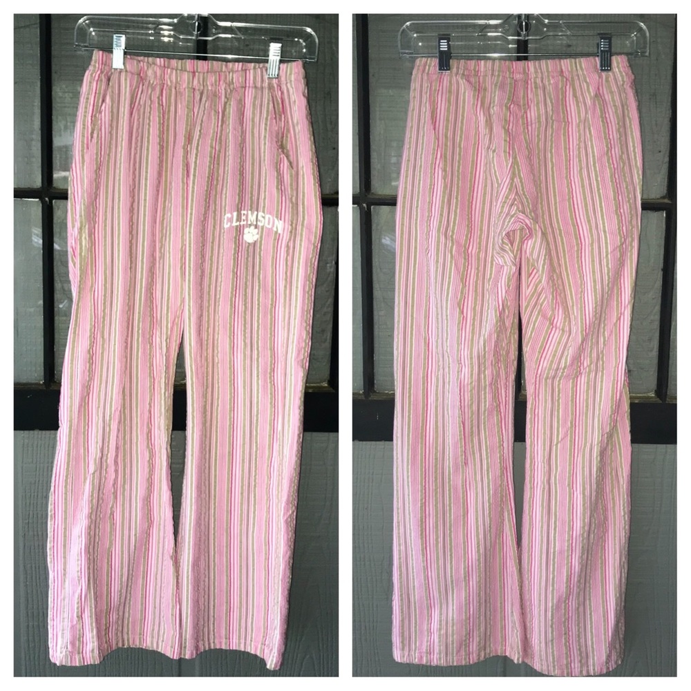 U-TRAU lounge pants, pink/tan stripe, Clemson logo